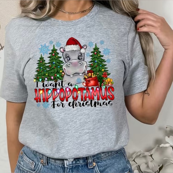 Funny Christmas T-Shirt – 'I Want A Plaid Hippopotamus For Christmas' Graphic Tee